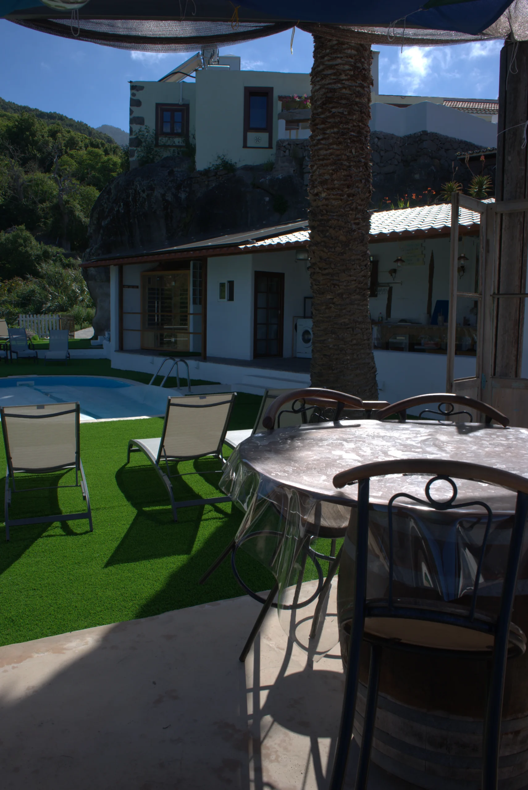La mesa de sombra bajo la palmera, junto a la piscina