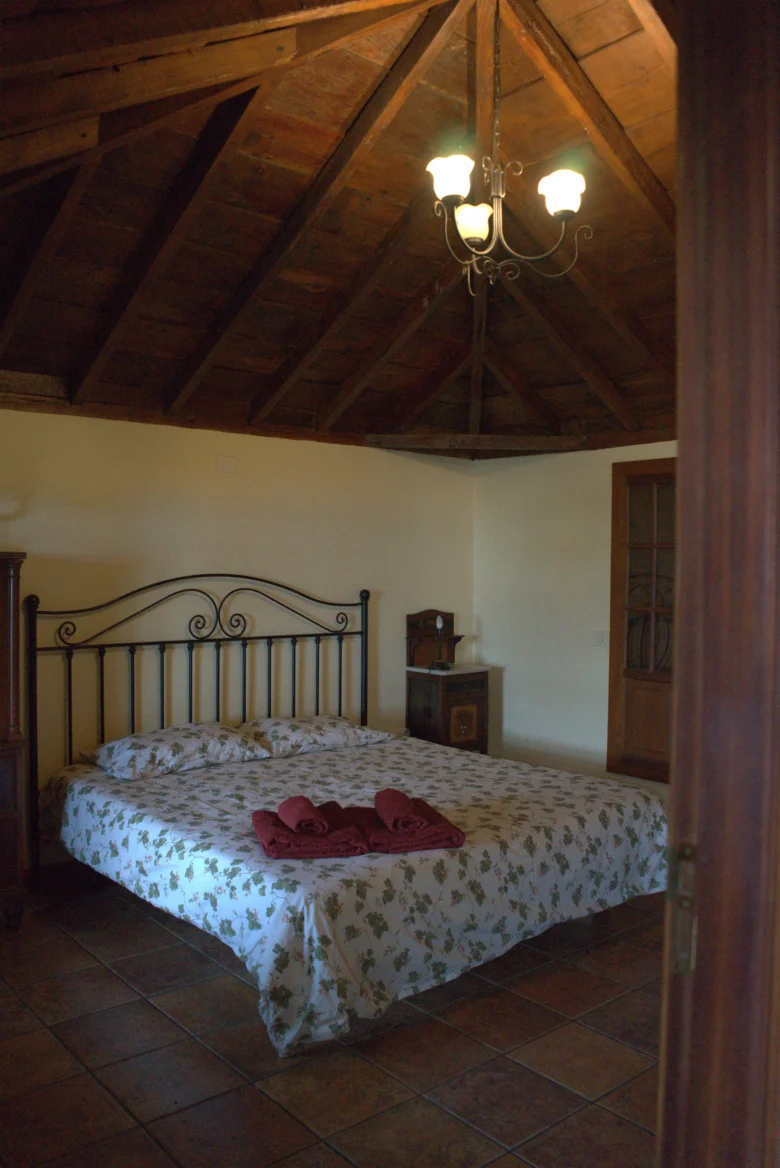 Dormitorio de Cha Miquela Pequeña con la cama de forja bajo el techo de tea