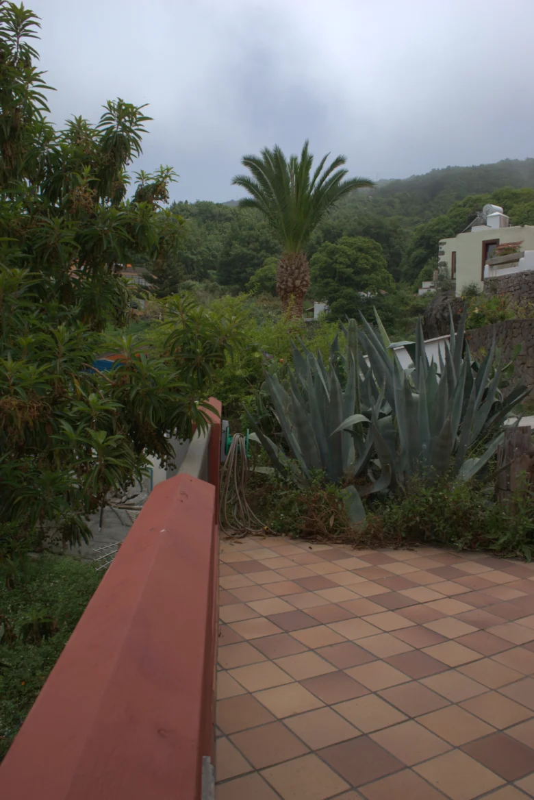 La terraza de Cha Miquela Roja con los agaves y la vista al barranco